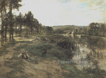  Stream Oil Painting - Troupeau au bord de leau 1904 rural scenes peasant Leon Augustin Lhermitte Landscapes stream